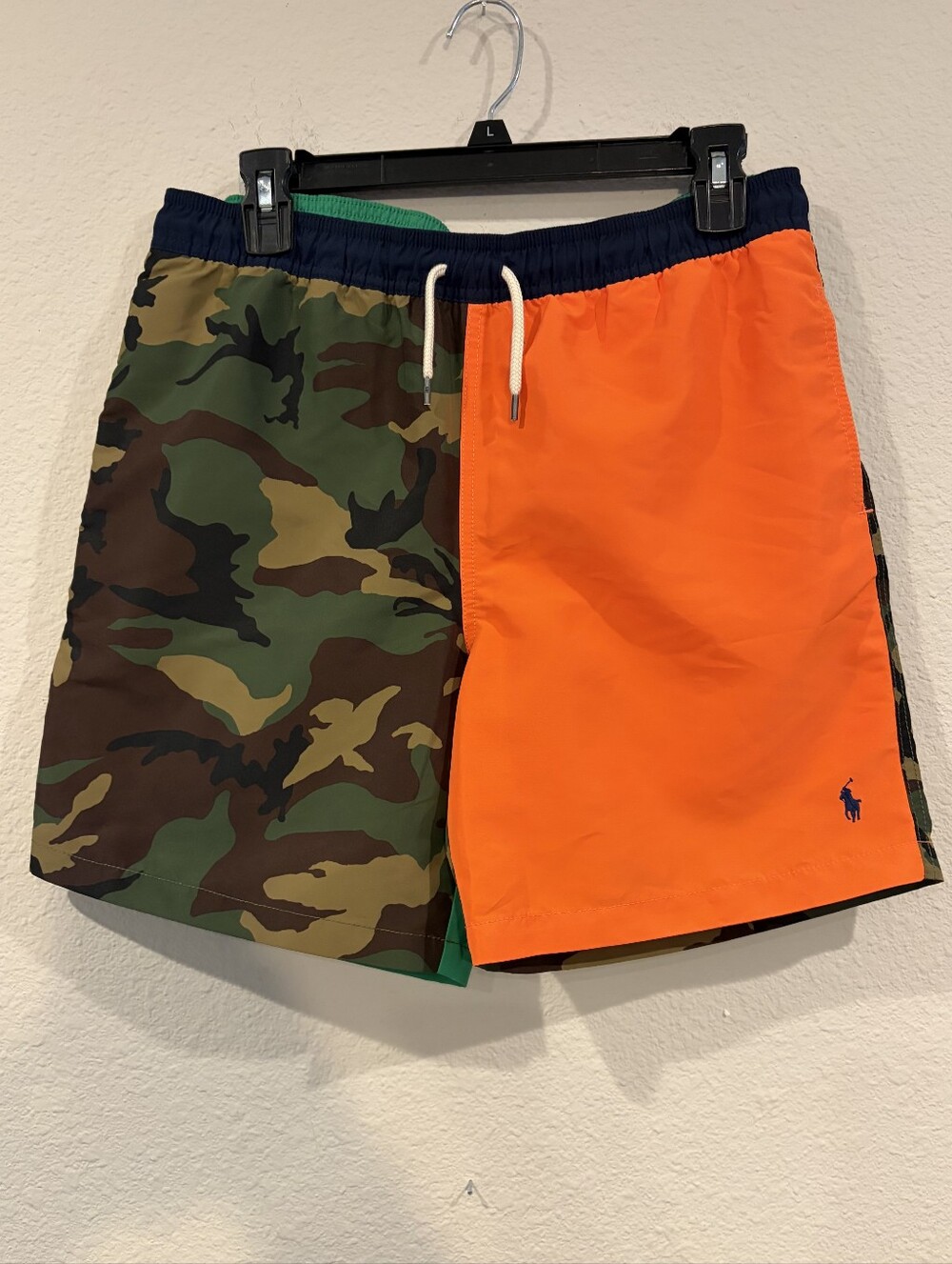 NEW Polo Ralph Lauren Boys Camo Green Orange Color Block Swim Trunks Size XL